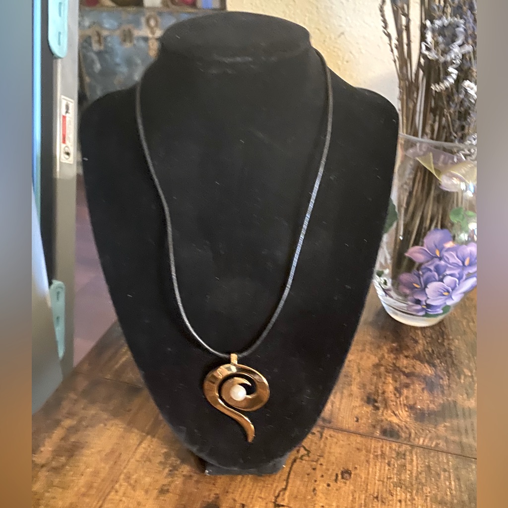3/12 Vantel Pearls Necklace With Gold Tone Swirl, White Pearl, On A Black Cord